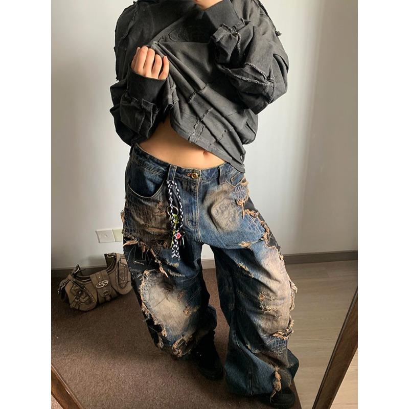 Модные брюки Wide Leg Женские Американский Ретро Потертая Стирка Рваные Брюки-Кинжал Дизайн Color Blocking