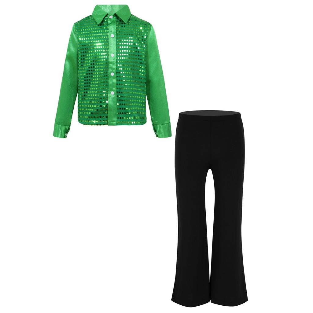 Мальчики Блестящие Пайетки Длинный Рукав Застегивающаяся на Пуговицы Рубашка Джаз Танцы Сценический Костюм Подходящие Брюки