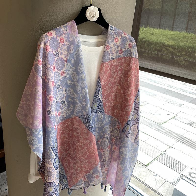 Premium Printed Silk Scarf Women'S Shawl Travel Sunscreen Yarn Ethnic Style Buckle Scarf Cashew Nut Outer Scarf Shawl