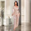 Women Elegant Long Sleeves Sequins Host Wedding Bride Bridesmaids Evening Cocktail Party Long Jumpsuit