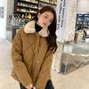 Women's Autumn Winter Chic Casual Warm Patchwork Lamb Woolen Collar Lightweight Diamond Grid Cotton Jacket