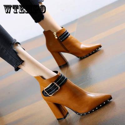 Сапоги большого размера. Короткие сапоги до щиколотки с острым носком. Женские сапоги на высоком толстом каблуке. Обувь в британском стиле.