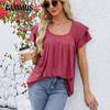 Летняя женская футболка, однотонная, с круглым вырезом, морщинистая, двухслойная, с рукавами-лепестками, топы с короткими рукавами
