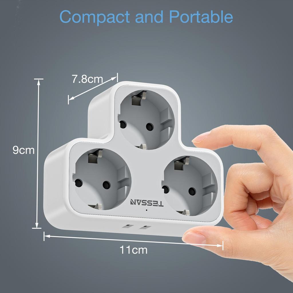 Tessan Multi Outlets Power Strip with 3 AC Outlets 2 USB Ports EU KR Plug Multiple Wall Socket Adapter with Overload Protection
