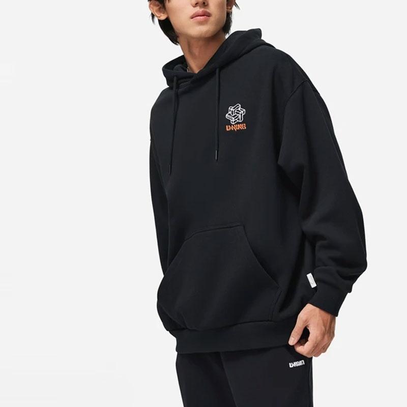 Li-Ning Li Ning Sports Life Collection Patterned Print Hooded Fleece Lined Loose Fit Pullover Sweatshirt Unisex Black AWDT897-3