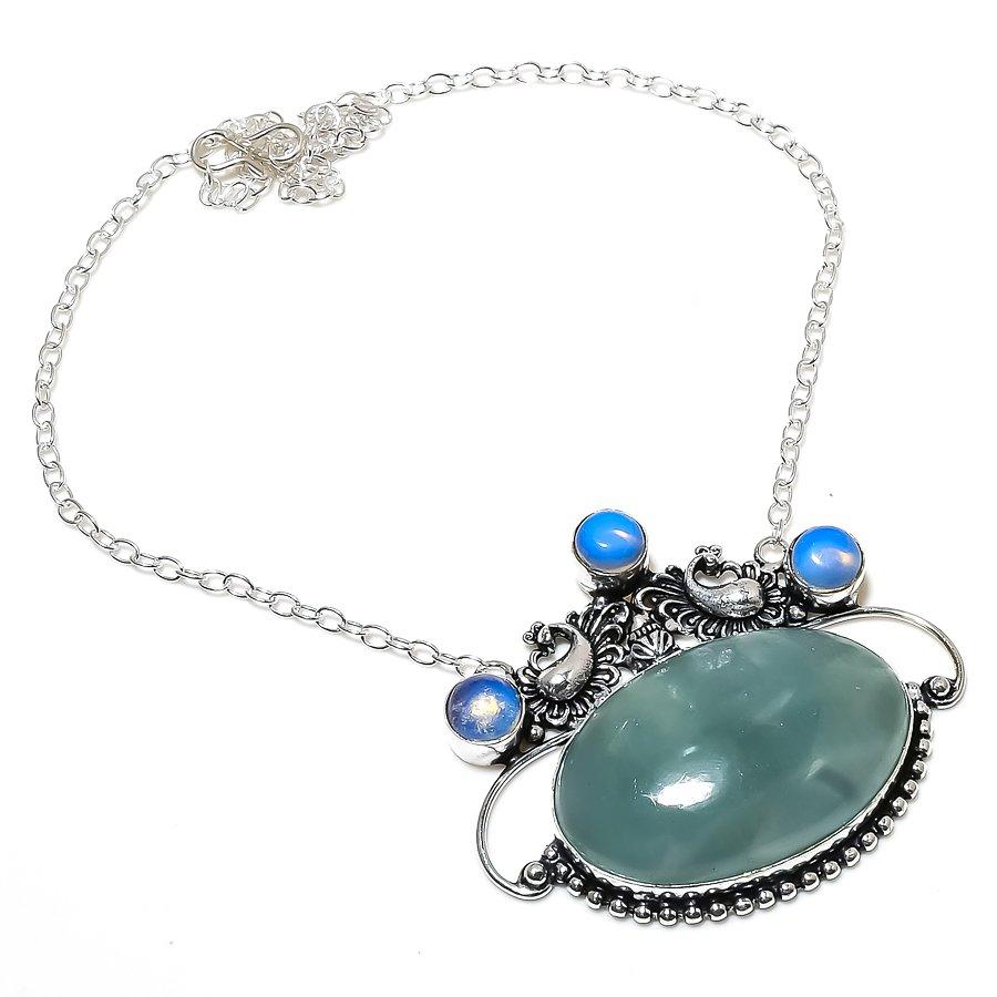 Aquamarine, Opal Gemstone Handmade Ethnic 925 Silver Jewelry Necklace 18" U3d06