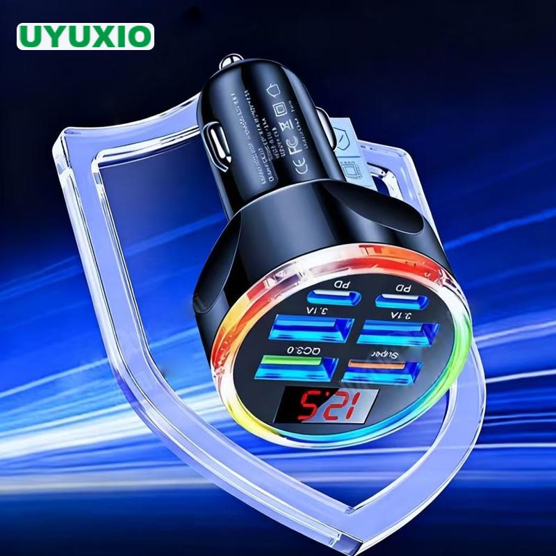 Автомобильное зарядное устройство UYUXIO с несколькими портами USB C, 6 в 1, с дисплеем напряжения, быстрая зарядка с вольтметром для iPhone 17 16 Samsung