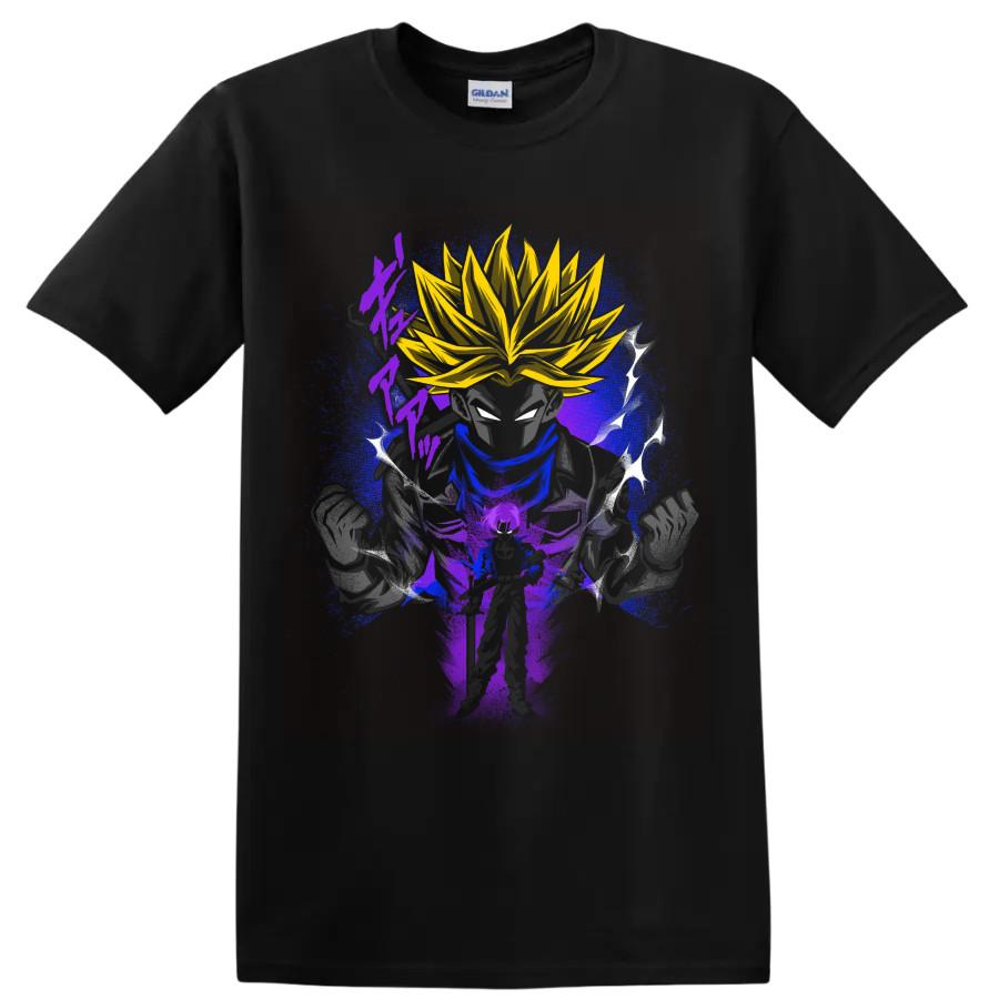 Anime Warrior T Shirt w Golden Hair Purple Energy Aura Lightning Battle Graphic