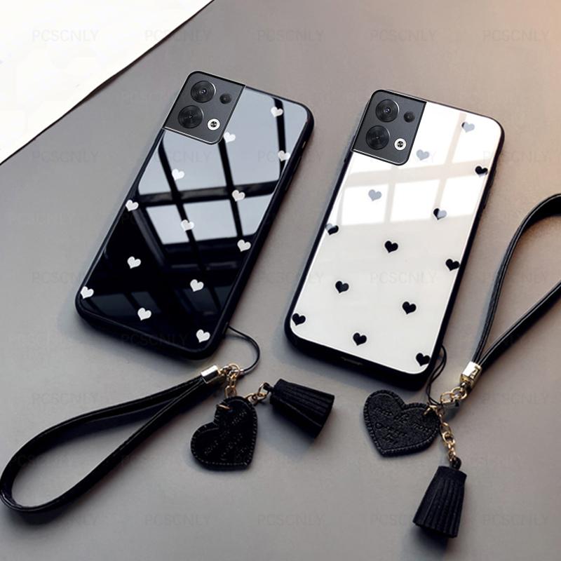 Жесткий стеклянный чехол для телефона Love Heart для OPPO Reno 8 Pro Plus 8T 4G 5G Reno 9 10 Pro Plus, мягкий защитный чехол с кисточкой и ремешком с кисточкой