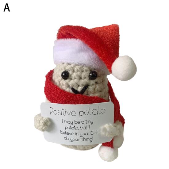 Positive Christmas Crochet Doll with Encouraging Card Emotional Support Handmade Knitting Santa Hat Potato Pickle Decoration Ornament Stress