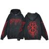 Толстовка Berserk Anime Acid Washed Hoodie Мужская одежда Винтажные хлопковые толстовки Женские толстовки с капюшоном в стиле хип-хоп Одежда Y2K Oversized