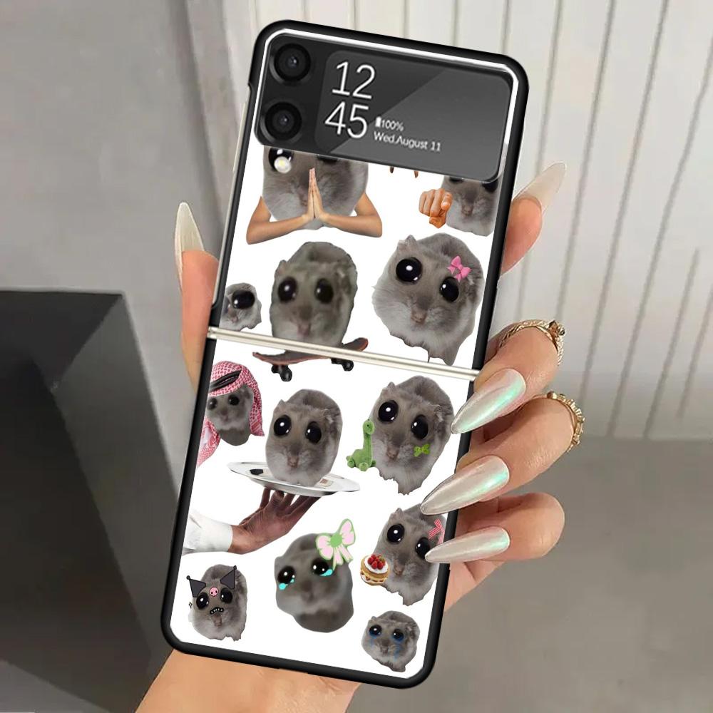 Смешной грустный хомяк Мем Жесткий ПК Чехол для телефона Для Samsung Galaxy Z Flip 7 6 5 4 3 Черный ZFlip7 ZFlip6 Flip5 Flip4 Flip3 5G Печать Защитная крышка