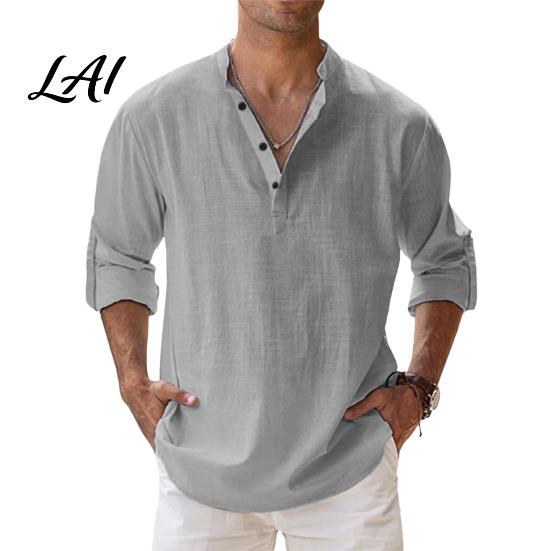 Comfortable Pullover Alternative Men Casual Shirt Tops Stand Collar Quarter Buttons Solid Color Breathable Tops for Summer Vacation Daily Wear