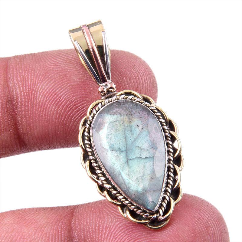Natural Labradorite 925 Solid Sterling Silver Jewelry TwoTone Pendant 1.50" K5q17