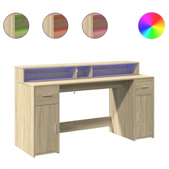 VidaXL Bureau avec lumières LED chêne sonoma bois d'ingénierie, bureau de travail, bureau d'étude, bureau à domicile, bureau 3309431