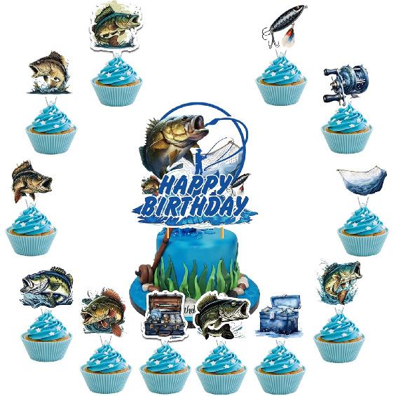 25 Pcs Gone Fishing Cake Topper Cupcake Toppers - Fishing Cake and Party Decorations - Birthday Party Supplies for Baby Shower