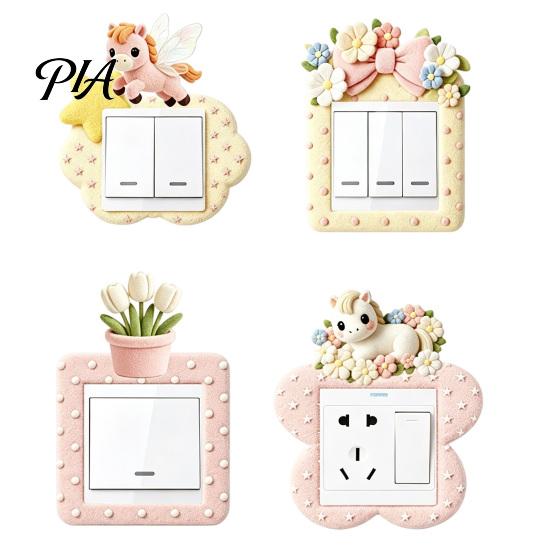 Easy Peel Stick Wall Decals 4Pcs Felt Switch Plate Cover, Cute Pony Light Sticker, Creative Socket Surround Self?Adhesive Protector, Home