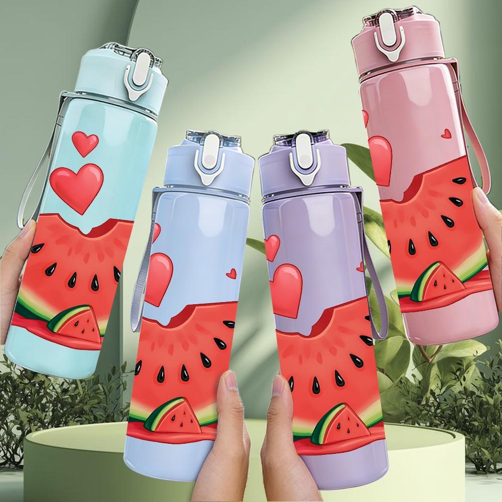 1PC Slice Watermelon With Heart Print 750ml Color Plastic Sports Water Bottle Leakproof Flip Straw Lid Suitable for Sports Office Home Use
