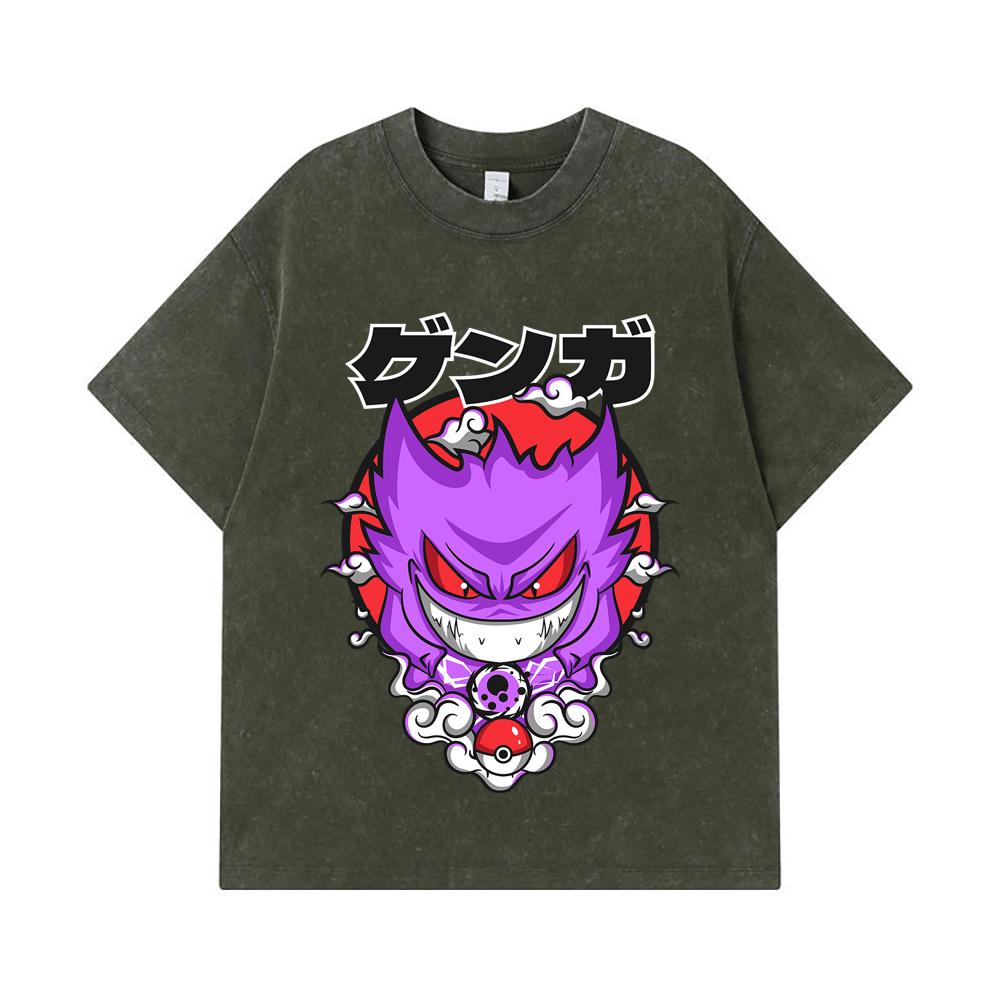 275 GSM Washed T-shirts 100% Cotton Pokemon V10 Gengar Print Unisex Heavy Cotton T Shirt