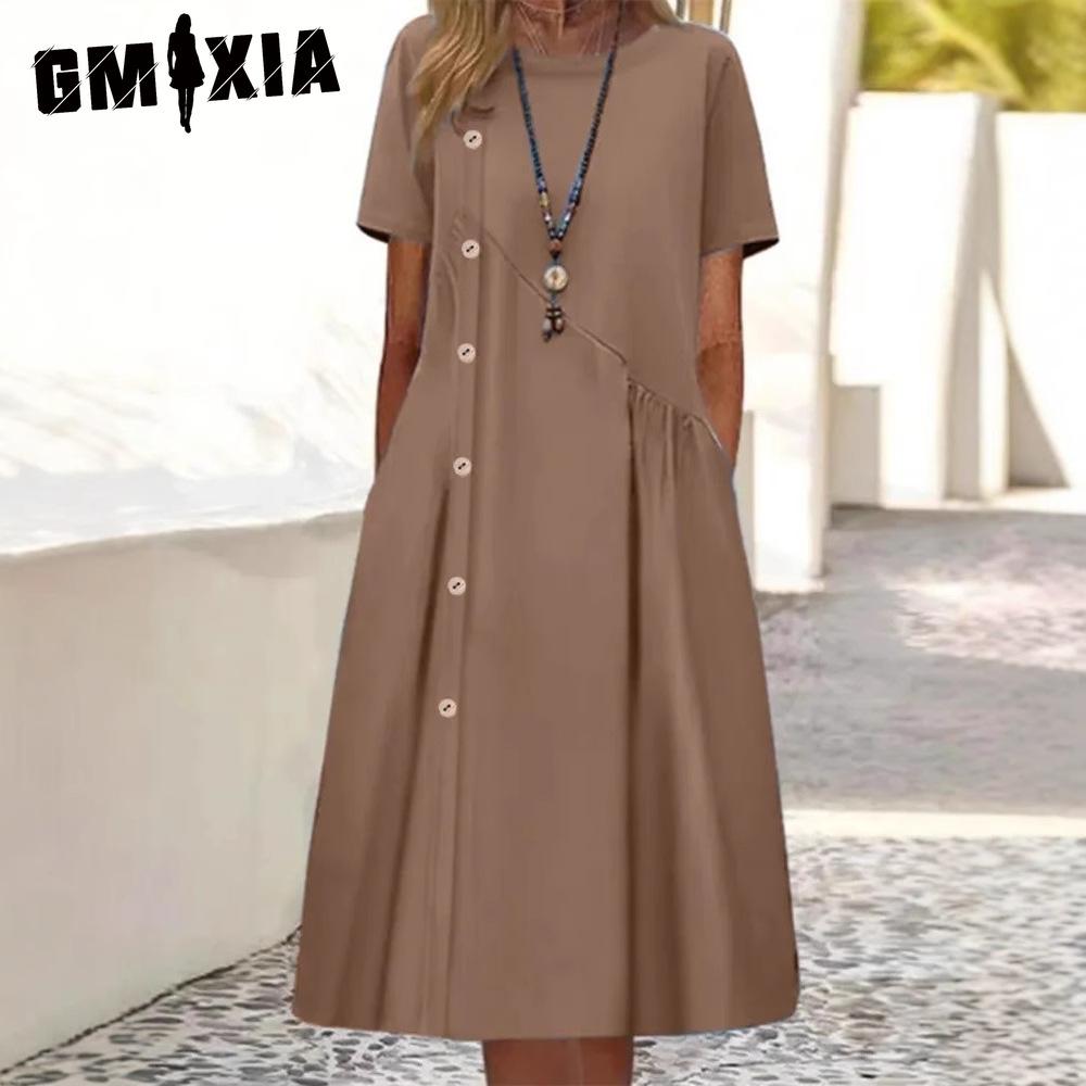 GMXIA Women's Fashion Summer Spring Solid Color Print Short Sleeve O-Neck High Waist Casual Dresses