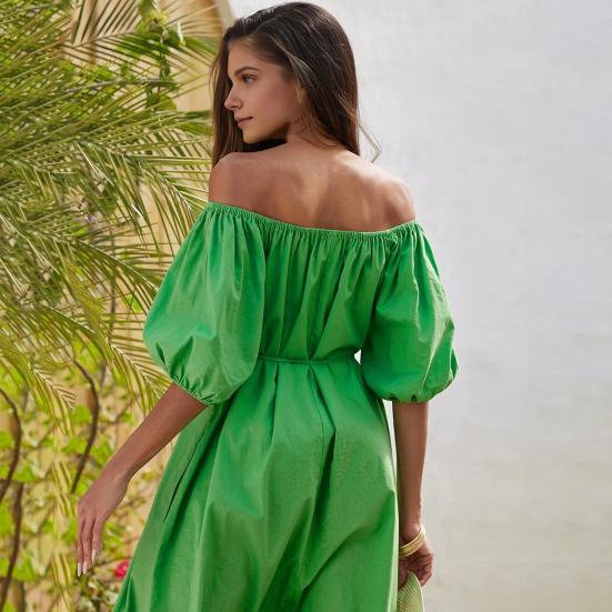 Женское платье с открытыми плечами, короткими рукавами и эластичными манжетами, плиссированное, свободное, однотонное, с боковыми карманами, пляжное платье миди для отдыха