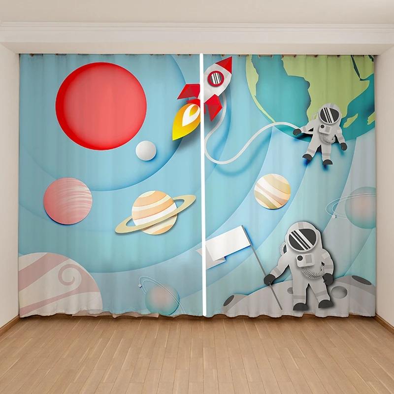 Мультяшные Милые Космические Астронавты Планеты Шторы Детская Спальня для Мальчиков Девочек Окно 2 Панели Высокое Затемнение Новый Модный Узор