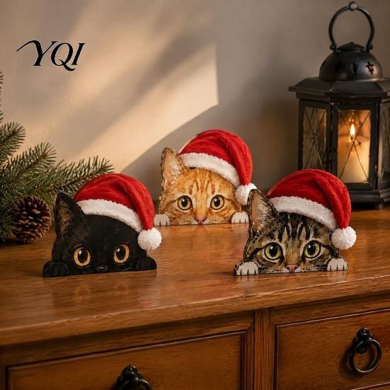 Festive Home Decor Cute Cat Shelf Sitter, Wooden Christmas Hat Peeking Desk Figurine, Funny Animal Scene Accessories Sign, Lover Gift for Holiday