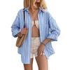 Womens Striped Shirts Loose Long Sleeve Shirt Button Front Casual Top Color Block Lapel Tops Soft Blouse with Pocket