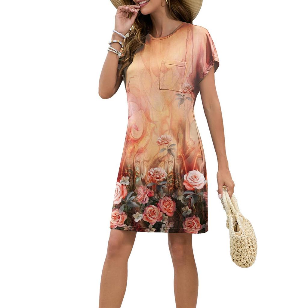 Женское модное повседневное летнее платье с цветочным принтом в стиле ретро и коротким рукавом и круглым вырезом
