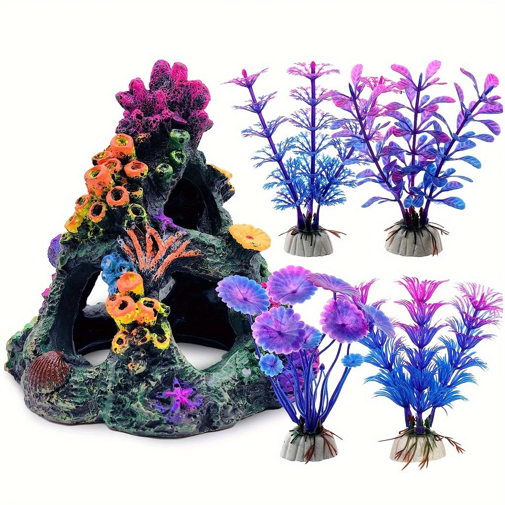 1 Set Aquarium Colorful Coral Reef Set Fish Tank Decoration Mountain Ornament for Aquarium Environments Decor Coral Mountain X 1 Aquatic Plant X 4