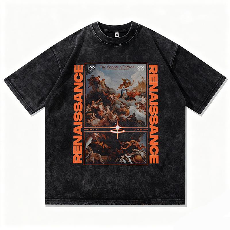 European And American High Street Men'S Clothing Vintage Bottoming Shirt Retro Digital Direct Injection Printing Washed Cotton Short-Sleeved T-Shirt M