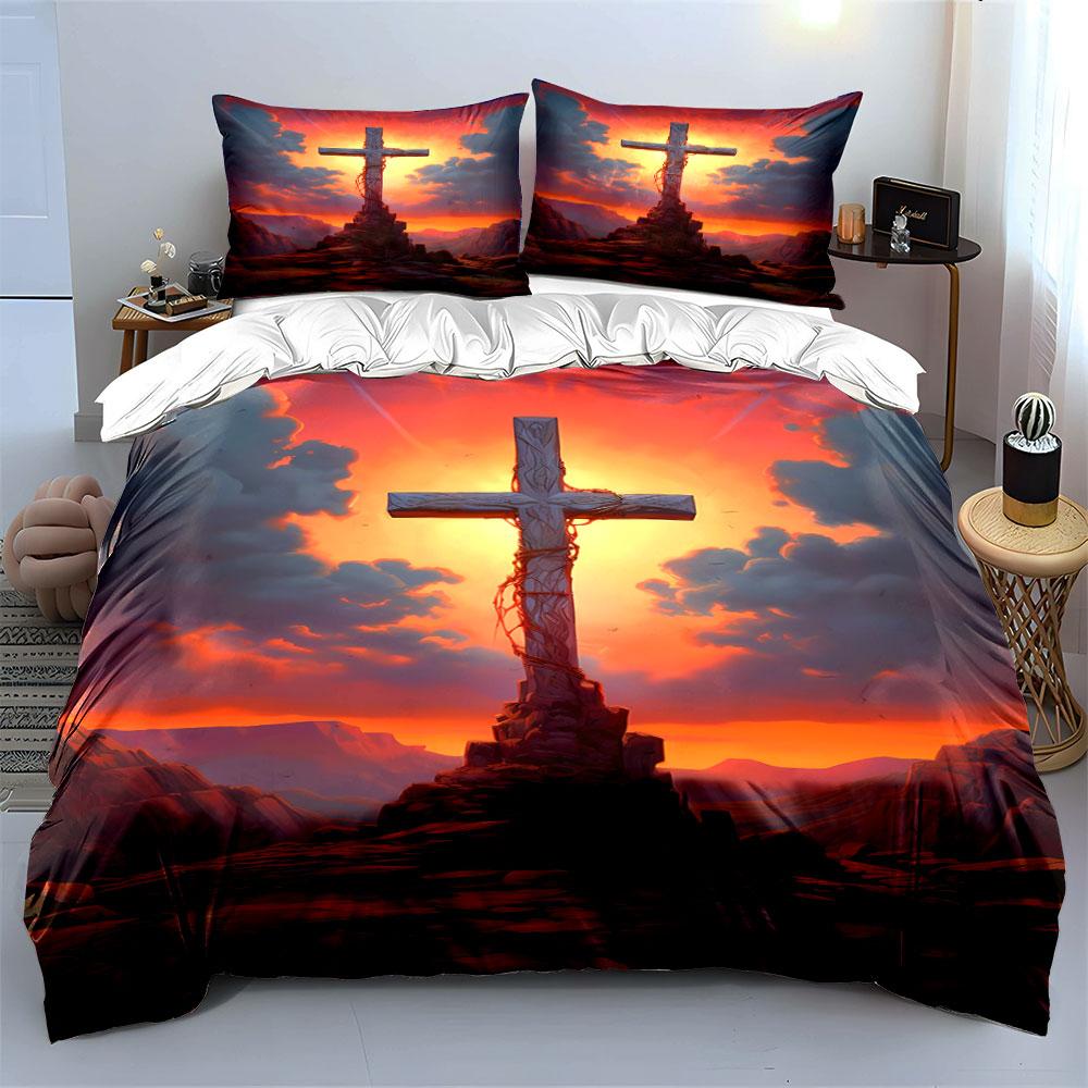Cross with sunset background. Bedding sets Duvet cover sets Duvet covers Pillowcases(1*Duvet Cover 2*Pillowcases without duvet insert)