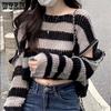 Женский короткий рваный свитер с открытыми плечами на молнии свободный трикотаж в полоску с круглым вырезом и длинными рукавами, тонкий пуловер в готическом стиле