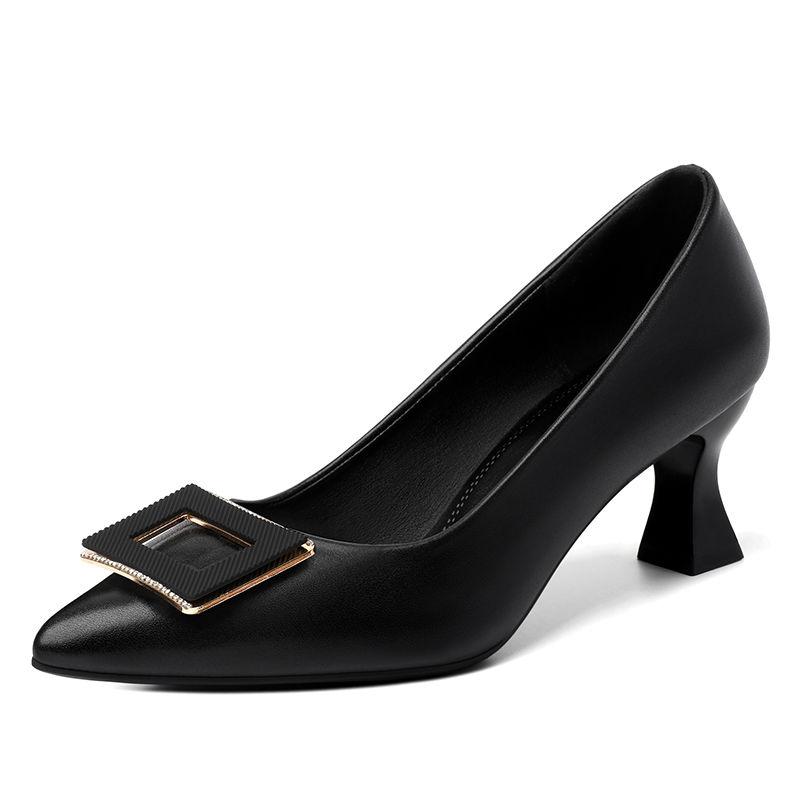 Туфли на высоком каблуке женские толстые каблуки весенние кожаные туфли удобные одинарные туфли рабочая обувь