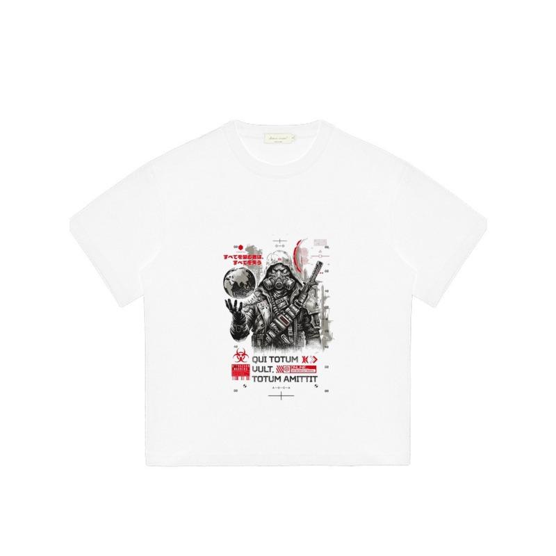 White T Shirt with Astronaut and Weapon Graphic Print and Latin Text for Casual Streetwear Style