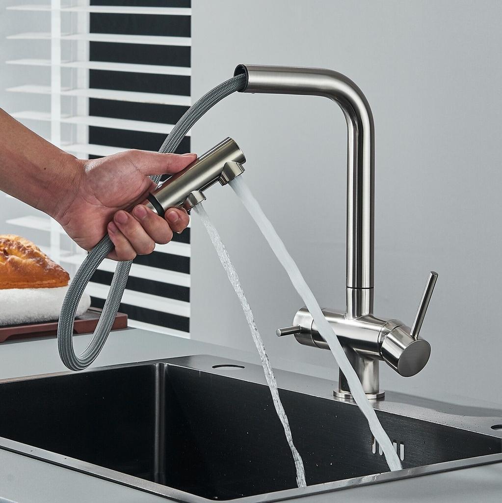 Кухонный выдвижной кран с фильтром, хромированный латунный кран-очиститель, вращение на 360 градусов, двойной распылитель, кран для питьевой воды, смеситель для раковины, сосуда