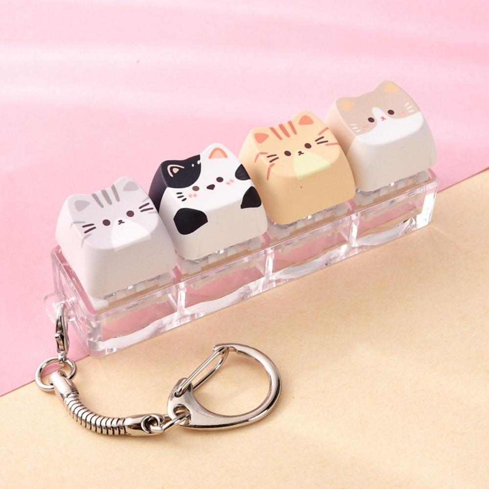 Creative Cat Fidget Keychain 4 Keys Keycap Keychain Cat Mechanical Keyboard Keyring Kitten Fan