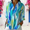 Women Plus Size Blue Pink White Printed Collared Long Sleeve Button Front Shirt