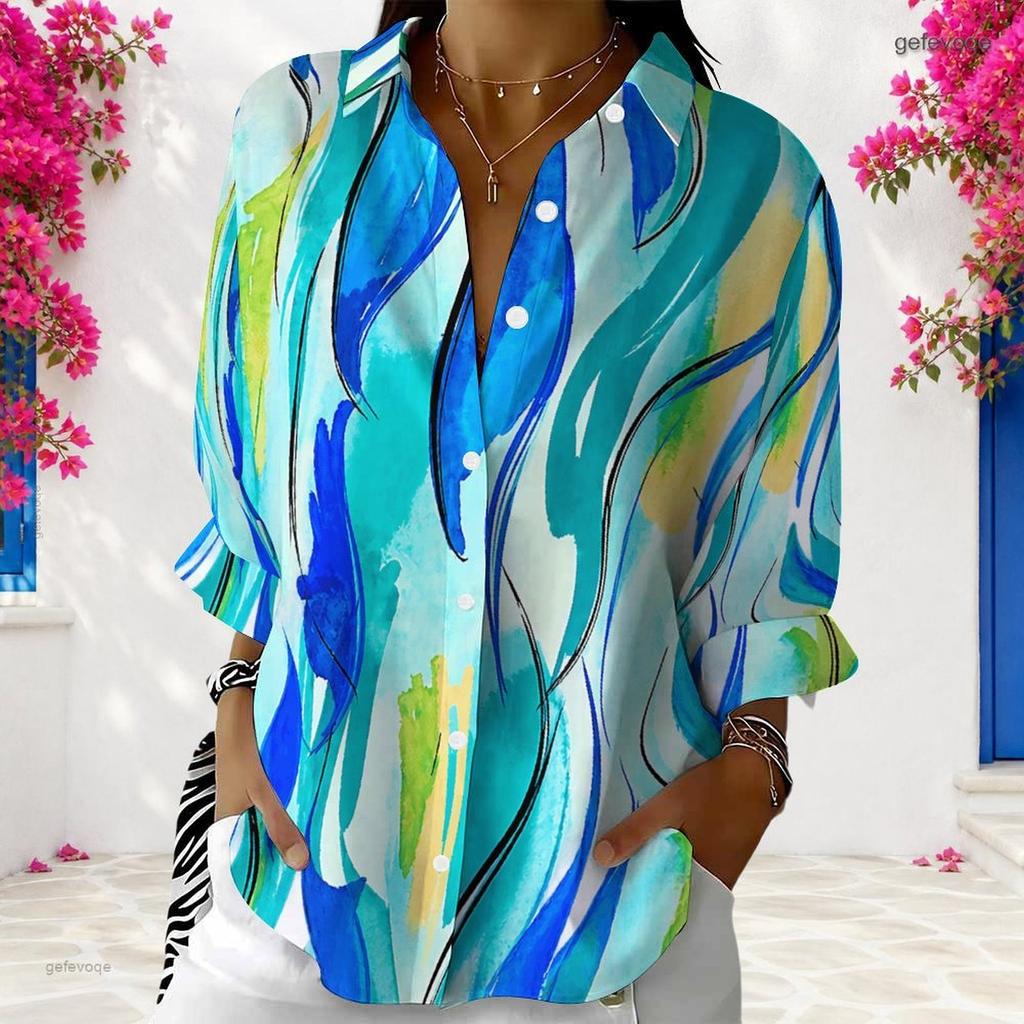 Women Plus Size Blue Pink White Printed Collared Long Sleeve Button Front Shirt