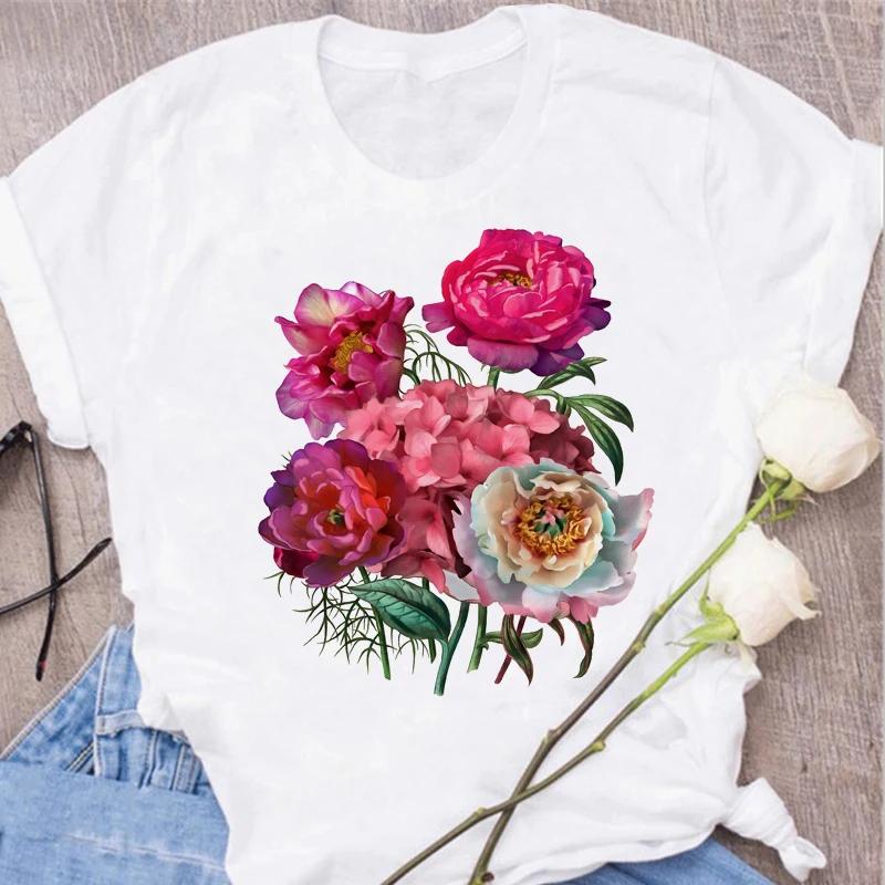 Red Rose Print Women T Shirt Summershort Sleeved Round Neck Harajuku Korean Style Graphic Tops Kawaii Female T-shirt Tops