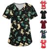 Женская мода с рождественским принтом и короткими рукавами с v-образным вырезом, маленькая рабочая футболка с карманами