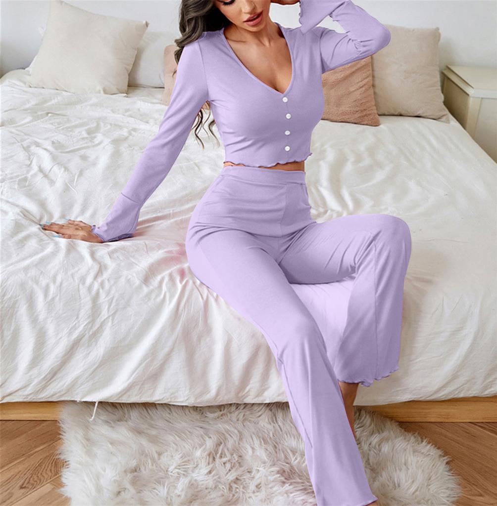 Женский комплект пижамы, повседневный топ с длинными рукавами, V-образным вырезом и эластичными брюками, осенняя удобная однотонная домашняя одежда, комплект из 2 предметов пижамы