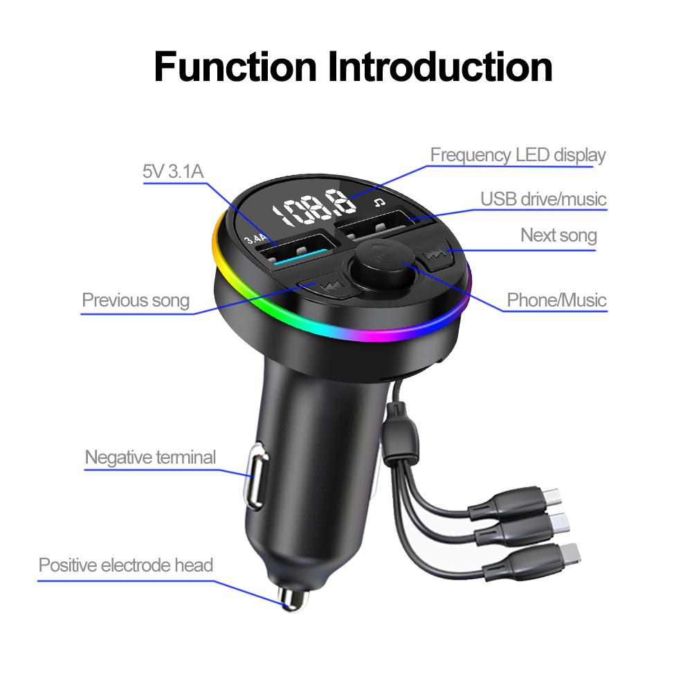 Автомобильное быстрое зарядное устройство с кабелем 3 в 1 Bluetooth 5.0 FM-передатчик автомобильный комплект MP3-модулятор плеер Handsfree аудио приемник для iPhone Huawei Xiaomi