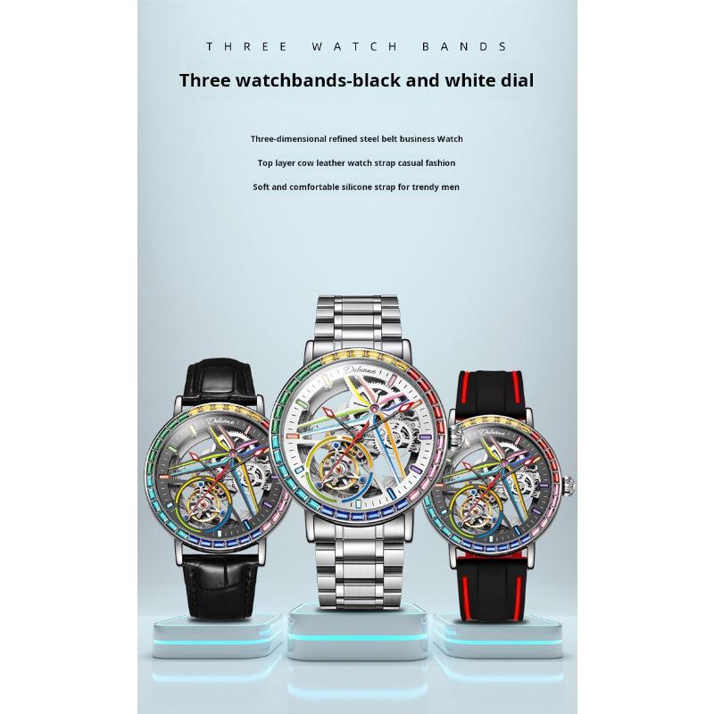 Dulunwe Радужные драгоценные камни турбийон модные часы скелетон мужские водонепроницаемые 30M спортивные часы роскошные автоматические механические наручные часы