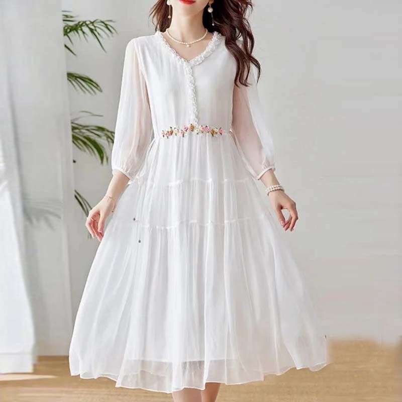 Loose White Maxi Dress for The Beach - Chiffon Sundress with Midriff Coverage