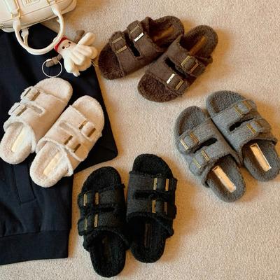 Шерстяная версия~ виноградный ма такой же ленивый ремень с двойной пряжкой верхняя одежда пушистые тапочки женские осенне-зимние универсальные на толстой подошве Birkenstocks