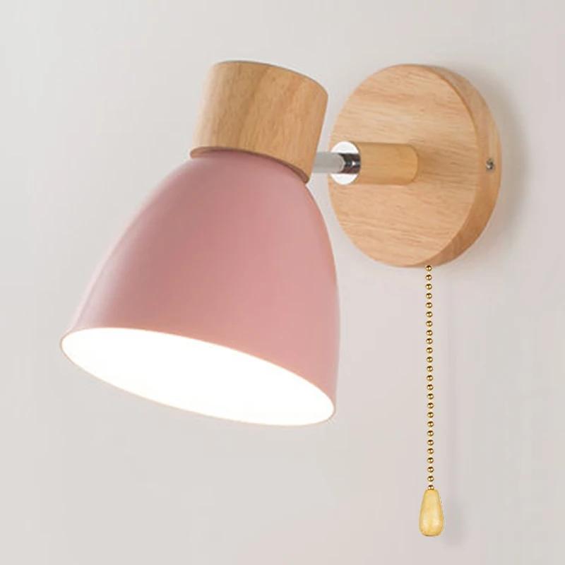 Retro Wooden Wall Light 6 Color Macaroon With Switch Wall Sconce For Bedroom Aisle Home Decor Modern Iron Interior Wall Lamps