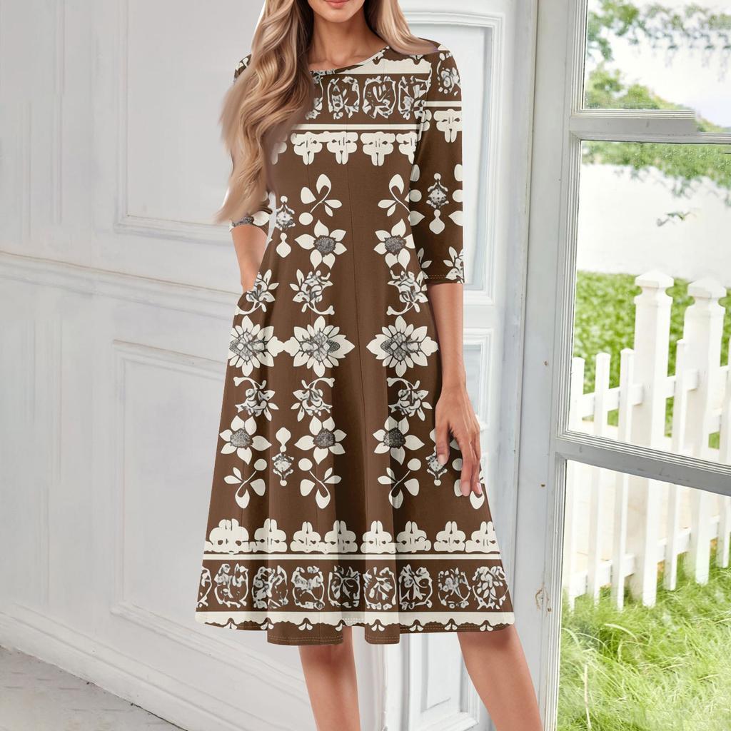 Women's Loose Casual And Fashionable Round Neck Seven Quarter Sleeved Printed Mid Length Dress