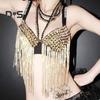 Женский бюстгальтер для выступлений с заклепками, декором, длинной кисточкой, бретельками-спагетти, для ночного клуба, вечеринок, стриптиза, шоу, коктейльных вечеринок
