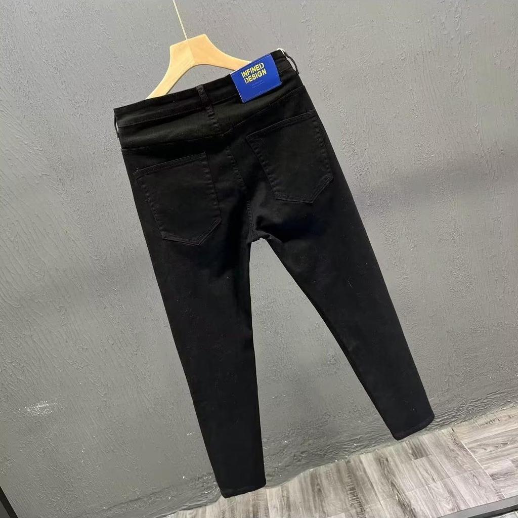 Men's Slim Fit Black & White Jeans - Nine-Point Skinny Casual Trousers